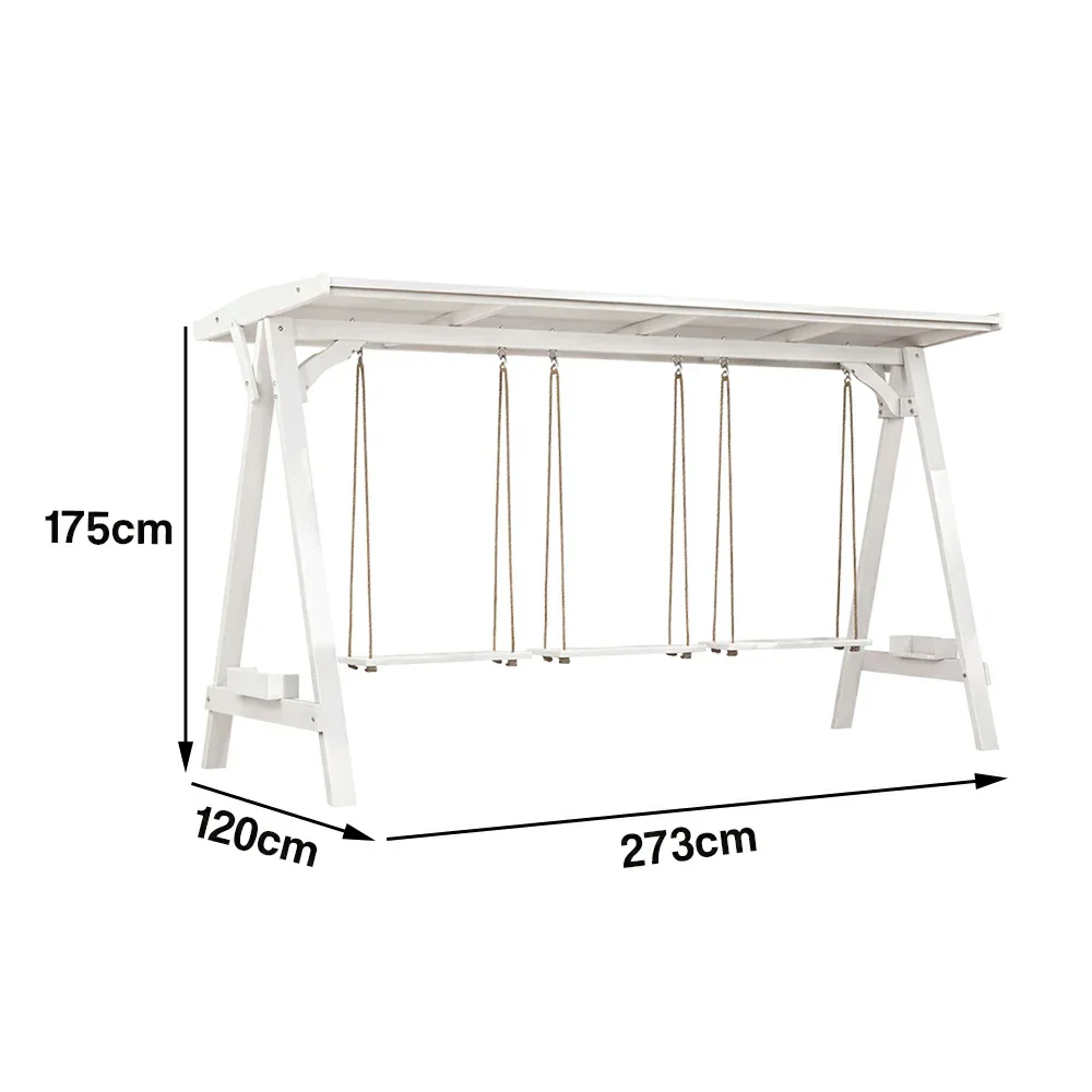 SOLARA 210/273cm Outdoor Swing Set with Canopy Triangular Frame Solid Pine Wood ACQ Treated Heavy-Duty Rope - White - Image 10