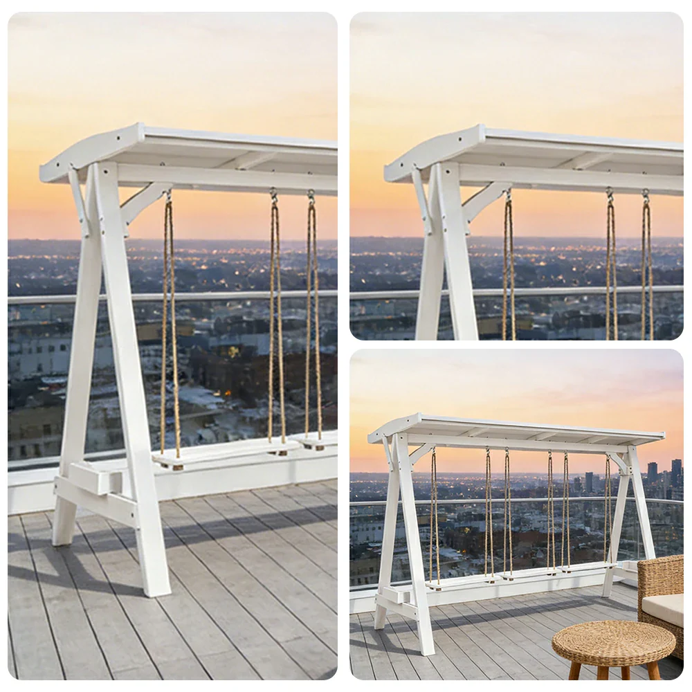 SOLARA 210/273cm Outdoor Swing Set with Canopy Triangular Frame Solid Pine Wood ACQ Treated Heavy-Duty Rope - White - Image 8