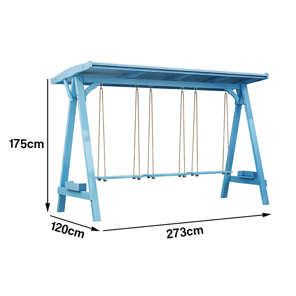 SOLARA 210/273cm Outdoor Swing Set with Canopy Triangular Frame Solid Pine Wood ACQ Treated Heavy-Duty Rope - Blue - Image 10