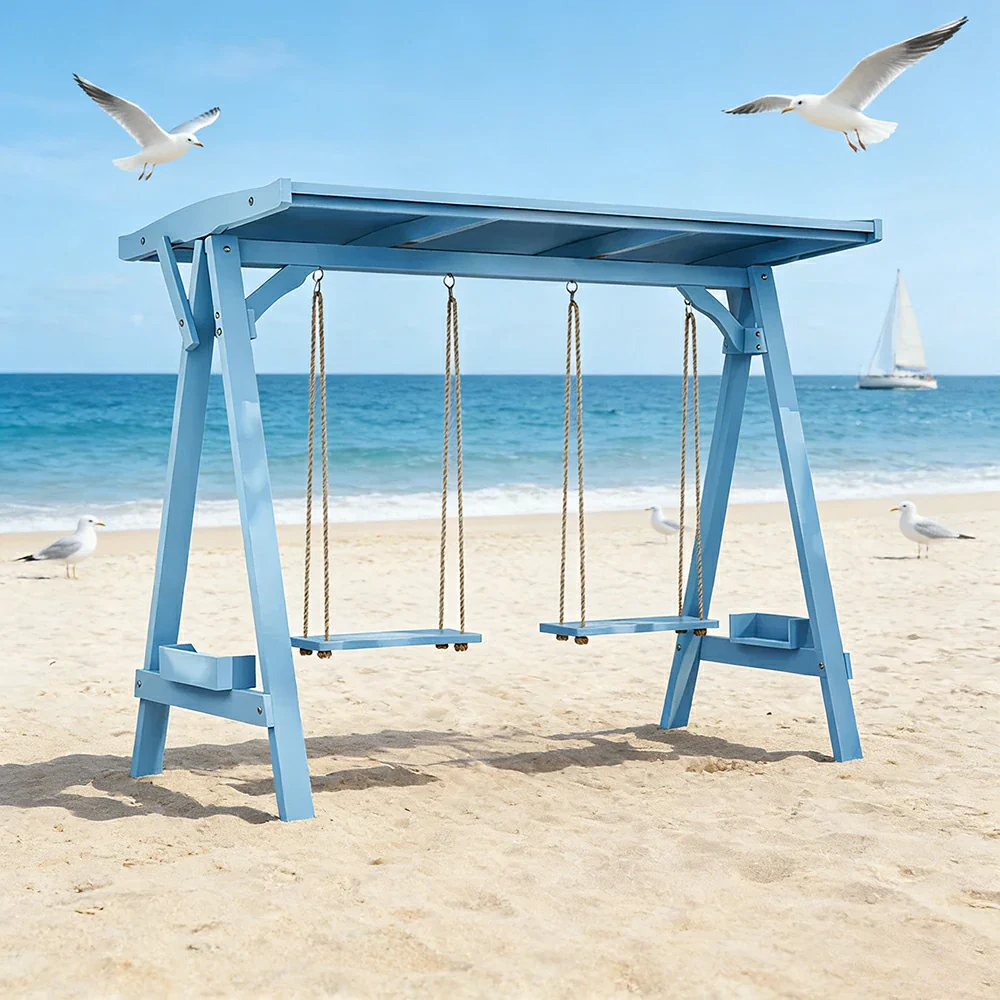 SOLARA 210/273cm Outdoor Swing Set with Canopy Triangular Frame Solid Pine Wood ACQ Treated Heavy-Duty Rope - Blue - Image 2