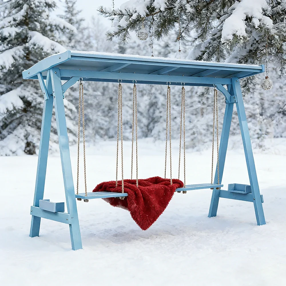 SOLARA 210/273cm Outdoor Swing Set with Canopy Triangular Frame Solid Pine Wood ACQ Treated Heavy-Duty Rope - Blue - Image 7