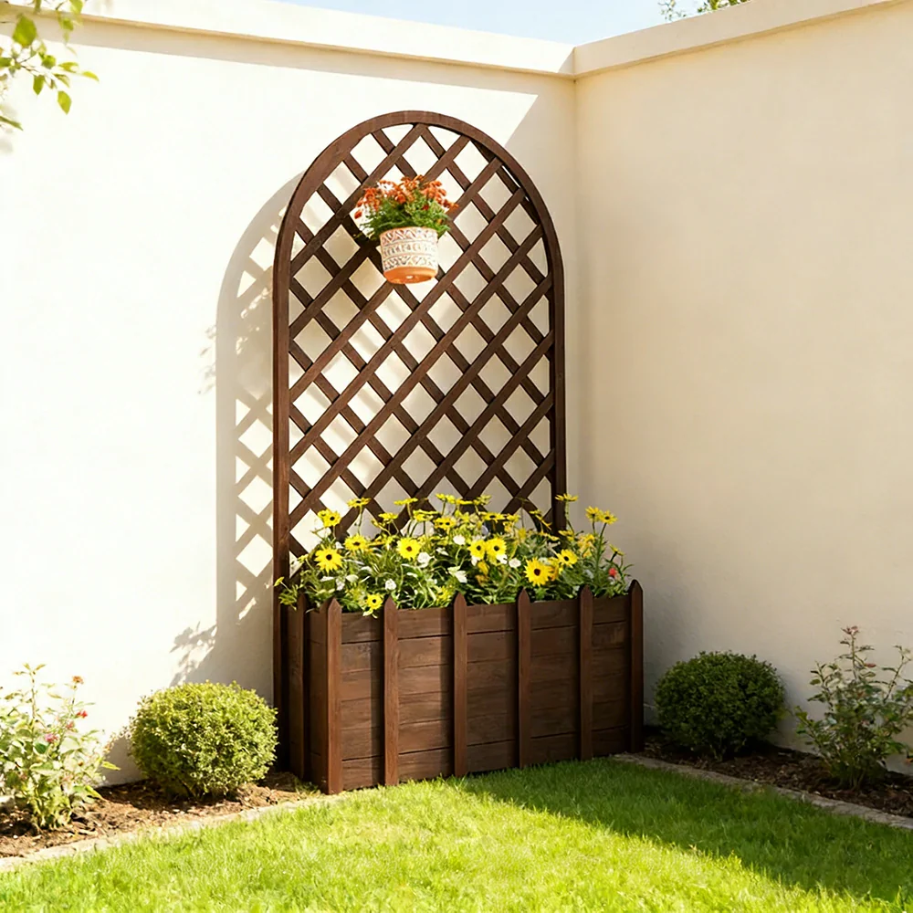 SOLARA 120/150cm Garden Arch Trellis - Weather-Resistant Waterproof Timber - Classic Arched Outdoor Climbing Plant Frame - Brown - Image 4