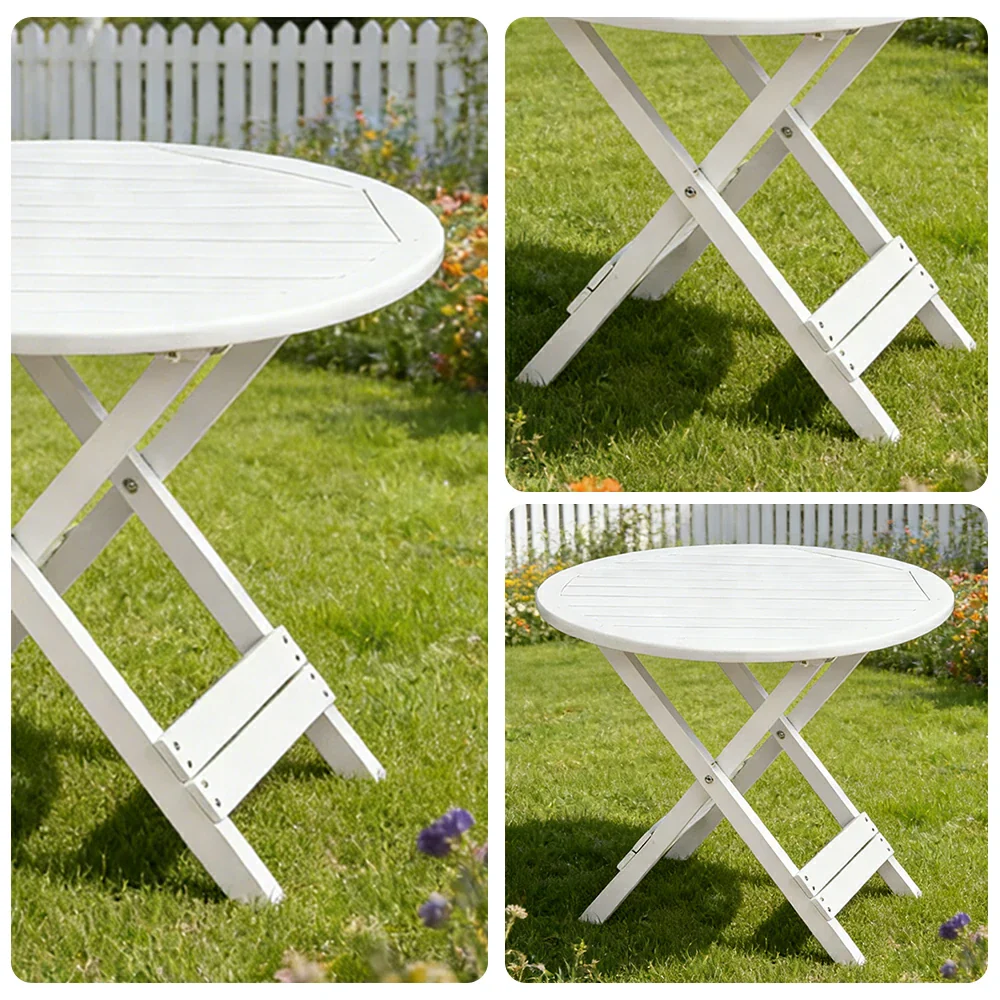 SOLARA Folding Round Table - Waterproof Anti-Rot Solid Timber - Heavy-Duty Portable Space-Saving Design - White - Image 3