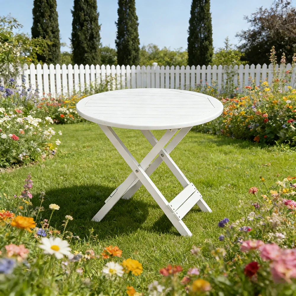 SOLARA Folding Round Table - Waterproof Anti-Rot Solid Timber - Heavy-Duty Portable Space-Saving Design - White - Image 4