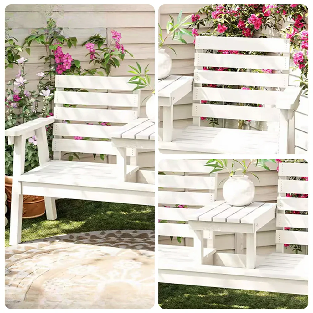 SOLARA Solid Wood Two-Seater Bench Chair with Integrated Centre Table - Seamless Full-Panel Timber Design, Thickened Reclined Backrest - White - Image 3