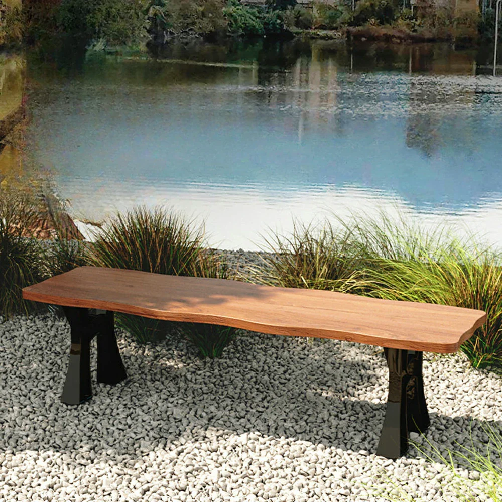 SOLARA 150/180cm Outdoor Garden Bench - Heavy-Duty Cast Iron Frame, Galvanised Support Structure, Adjustable Anti-Slip Legs - Walnut - Image 2