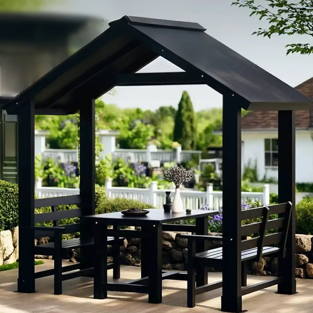 SOLARA Outdoor Pavilion - Heavy-Duty Solid Wood Frame with Double Chairs & Center Table, Durable Sunshade Canopy Garden Gazebo - Black - Image 4