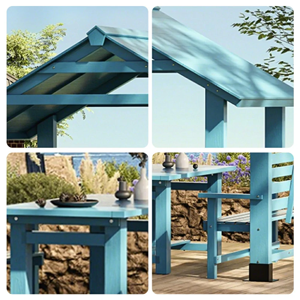SOLARA Outdoor Pavilion - Heavy-Duty Solid Wood Frame with Double Chairs & Center Table, Durable Sunshade Canopy Garden Gazebo - Blue - Image 3