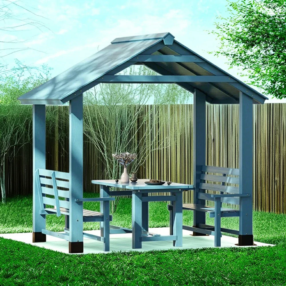SOLARA Outdoor Pavilion - Heavy-Duty Solid Wood Frame with Double Chairs & Center Table, Durable Sunshade Canopy Garden Gazebo - Blue - Image 4