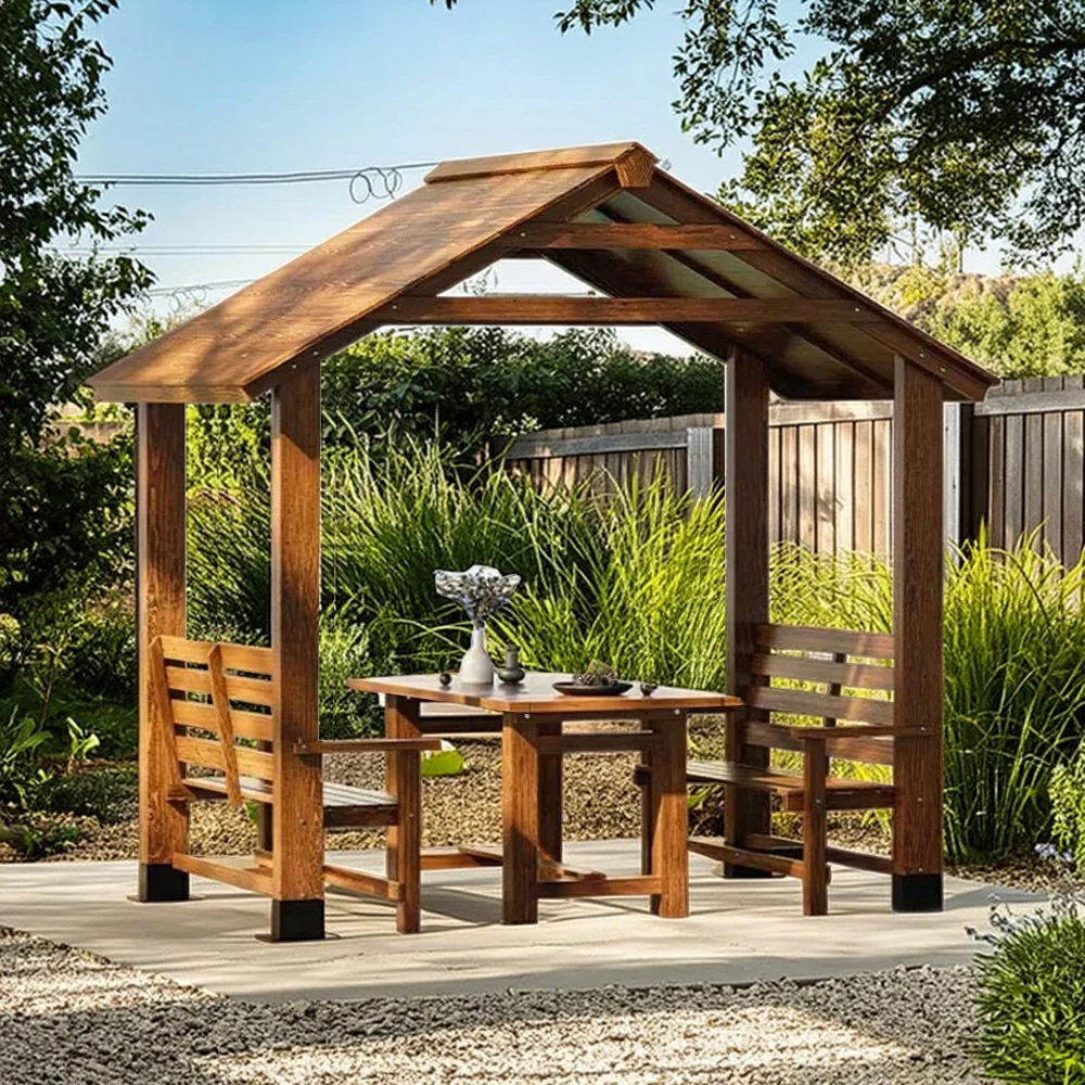 SOLARA Outdoor Pavilion - Heavy-Duty Solid Wood Frame with Double Chairs & Center Table, Durable Sunshade Canopy Garden Gazebo - Yellow - Image 4