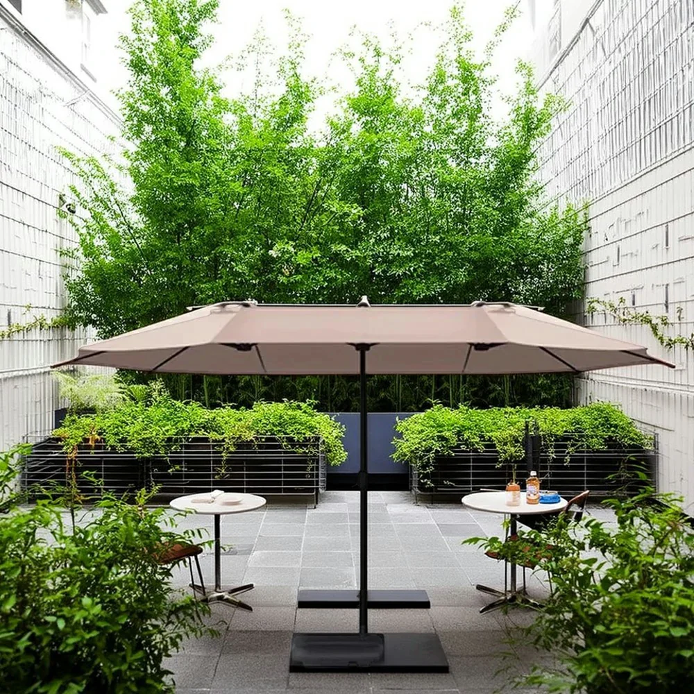 SOLARA Outdoor Patio Umbrella - 380/455cm Rectangular Canopy, Sunshade & Rain Protection, Heavy-Duty Frame, 60kg Water-Filled Base - Khaki - Image 2