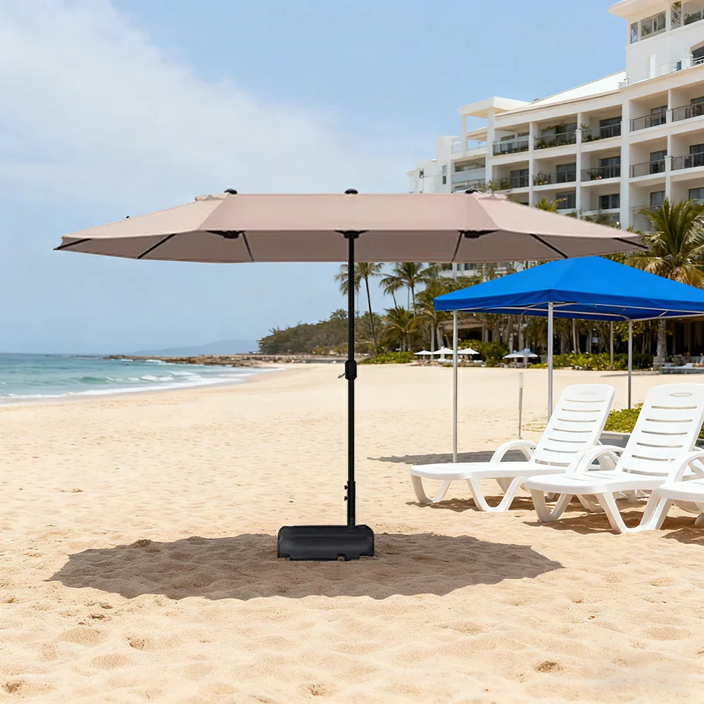 SOLARA Outdoor Patio Umbrella - 380/455cm Rectangular Canopy, Sunshade & Rain Protection, Heavy-Duty Frame, 60kg Water-Filled Base - Khaki - Image 4