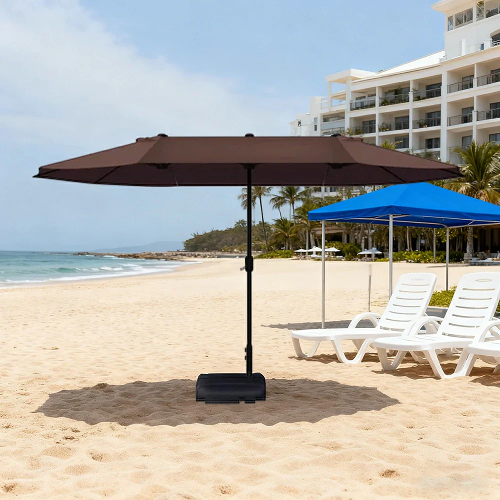 SOLARA Outdoor Patio Umbrella - 380/455cm Rectangular Canopy, Sunshade & Rain Protection, Heavy-Duty Frame, 60kg Water-Filled Base - Coffee - Image 2