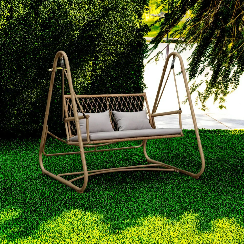 SOLARA Classic Single Swing Chair - Handwoven Bamboo Rattan Design, Durable Alloy Steel Frame, 148cm Relaxing Garden & Patio Seating - Yellow - Image 4
