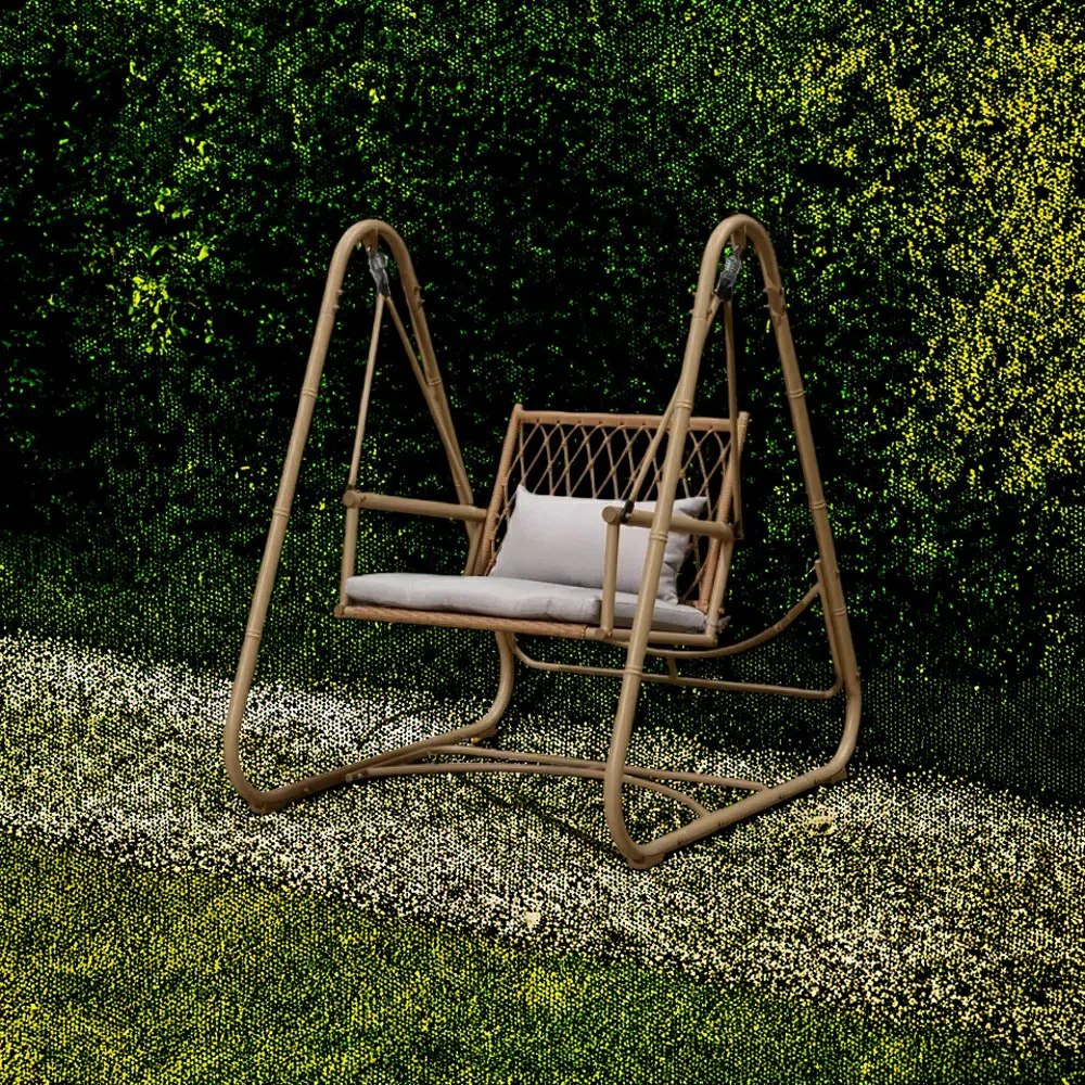 SOLARA Single Swing Chair - Handwoven Bamboo Rattan Design, Durable Alloy Steel Frame, 121cm Relaxing Garden & Patio Seating - Yellow - Image 4