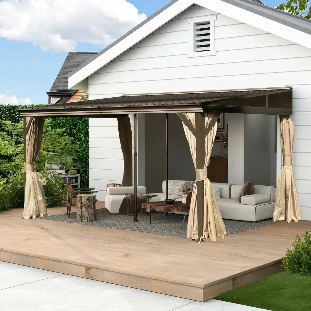 SOLARA Outdoor Canopy - High-Low Design with Reinforced Aluminium Frame & Dual Curtains - Brown - Image 2