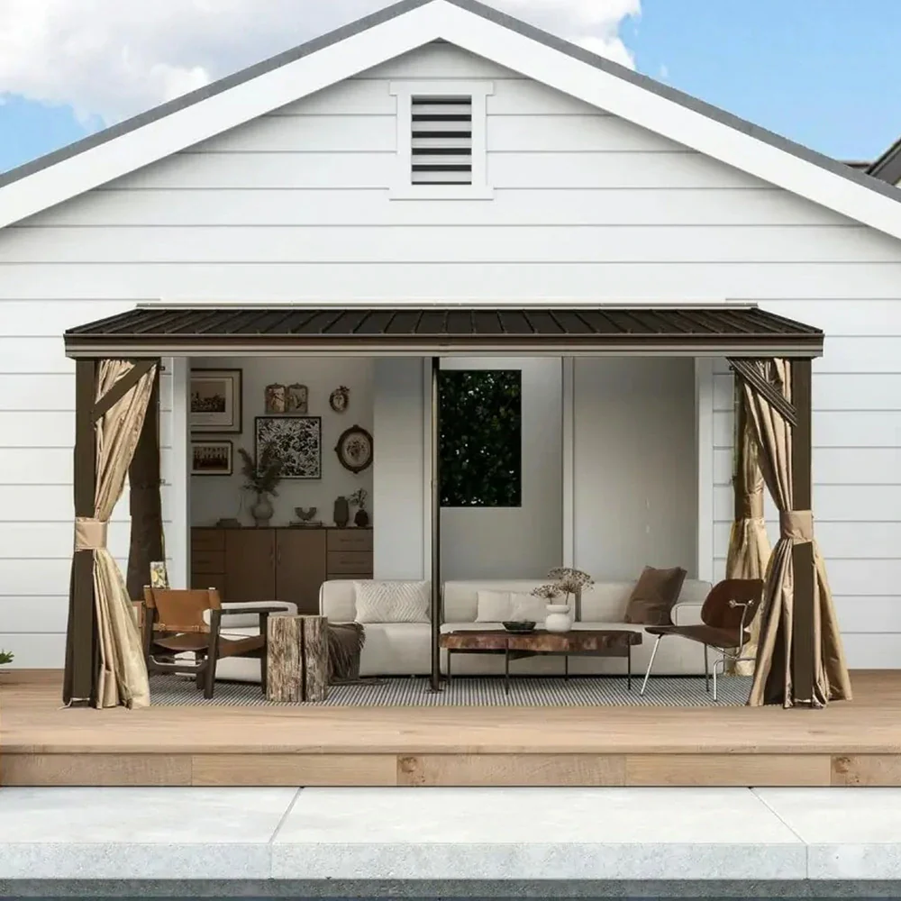SOLARA Outdoor Canopy - High-Low Design with Reinforced Aluminium Frame & Dual Curtains - Brown - Image 4