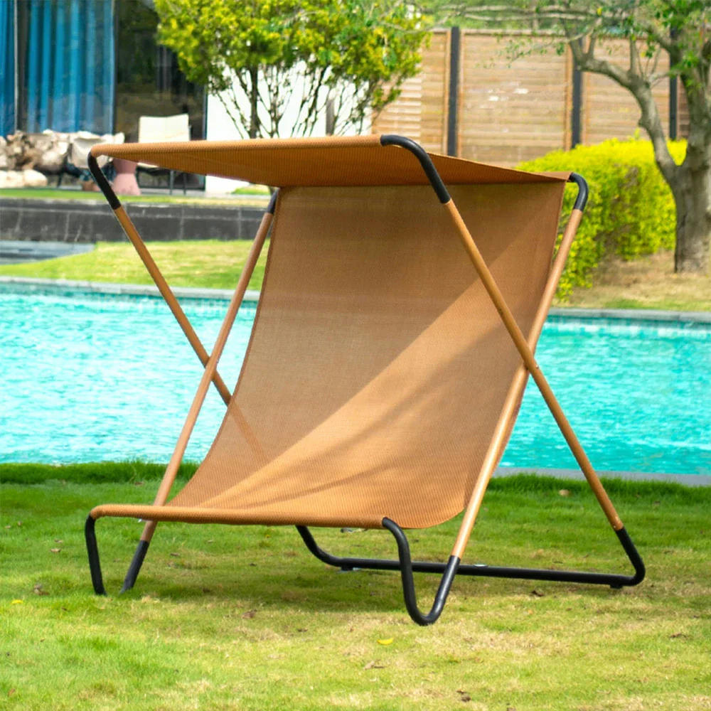 SOLARA Outdoor Folding Chair - Sunshade Design, Alloy Steel Frame, Patio & Garden Recliner, Waterproof Fabric - Brown - Image 4
