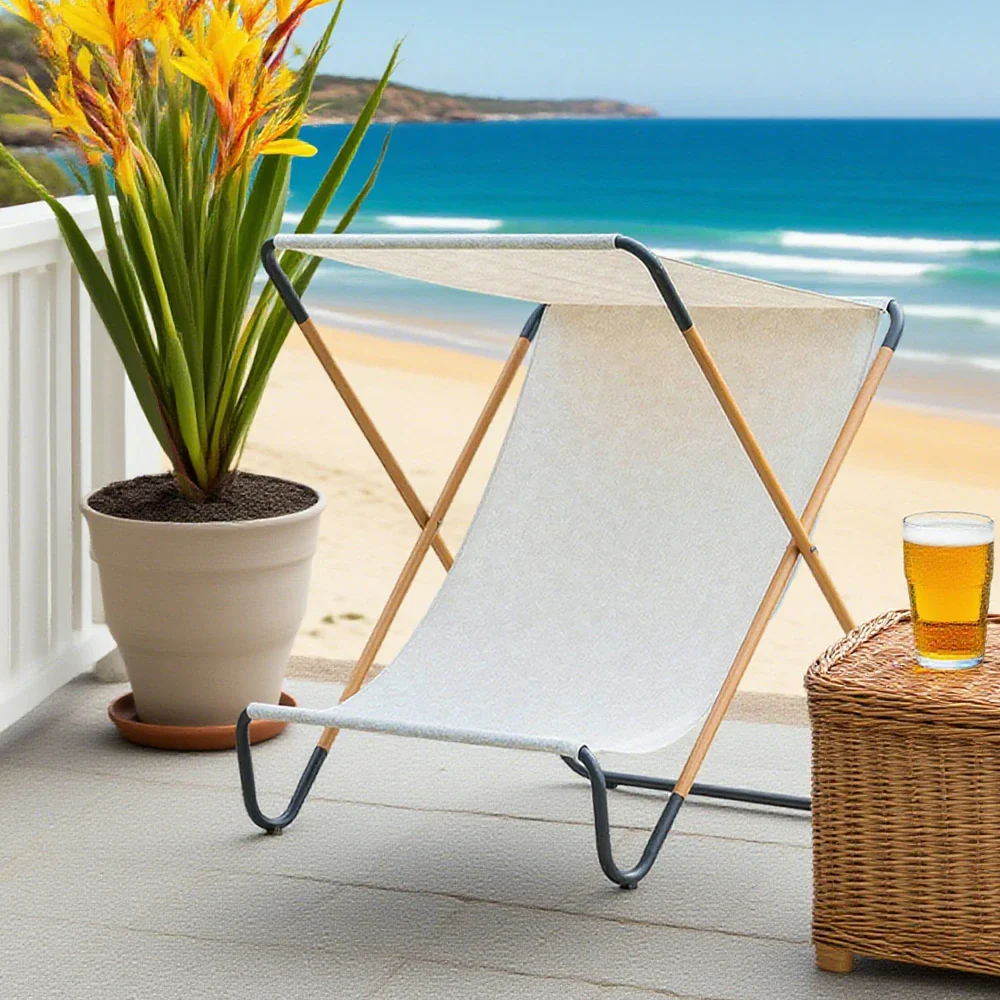 SOLARA Outdoor Folding Chair - Sunshade Design, Alloy Steel Frame, Patio & Garden Recliner, Waterproof Fabric - KHAKI - Image 4