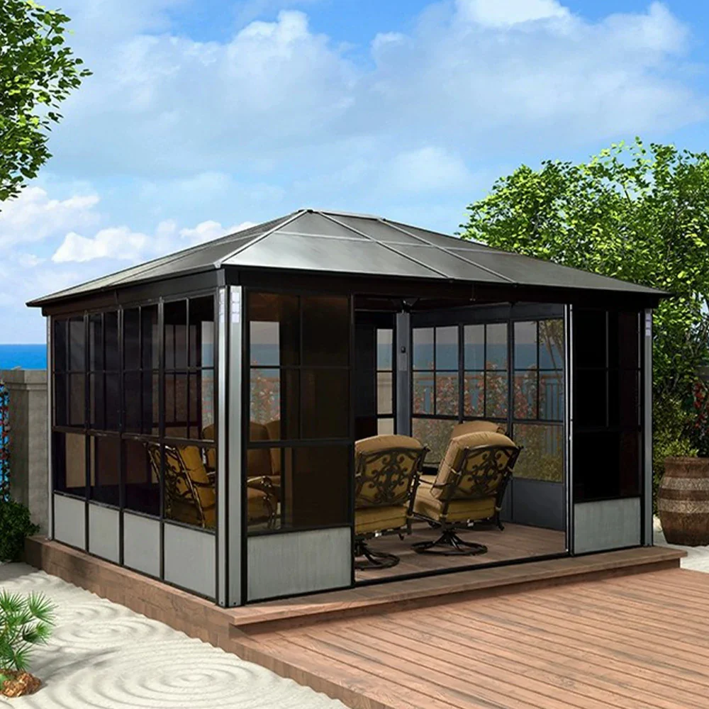 SOLARA Sunroom Pavilion - Reinforced Aluminium-Steel Frame with Sliding Doors & Privacy Mesh - Black - Image 2