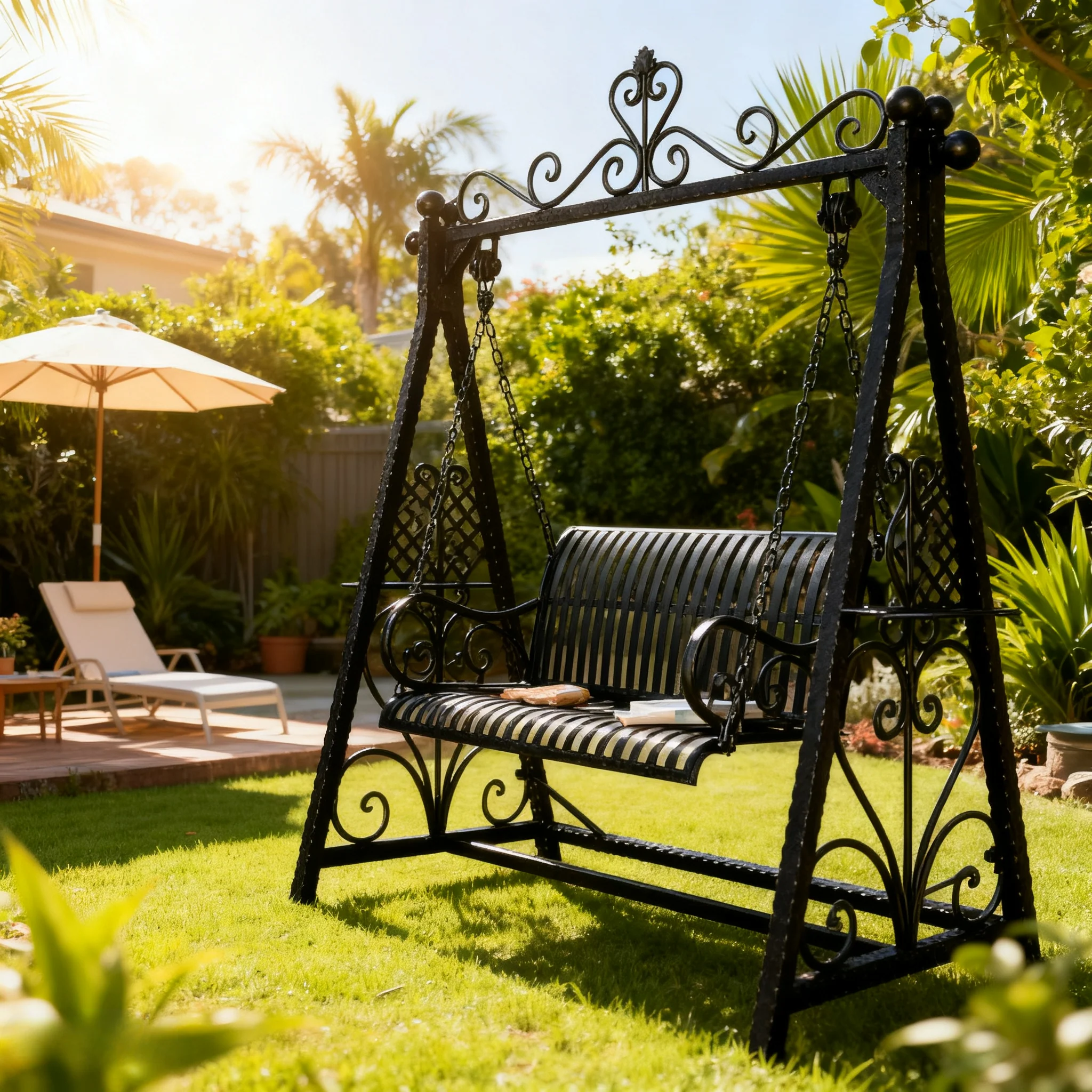 SOLARA FYY01 150cm Wrought Iron Garden Swing Chair – Black/White/Green Curved Backrest Outdoor Use - Image 2