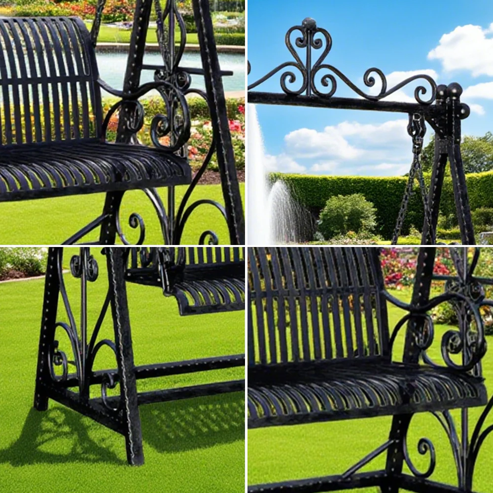 SOLARA FYY01 150cm Wrought Iron Garden Swing Chair – Black/White/Green Curved Backrest Outdoor Use - Image 3