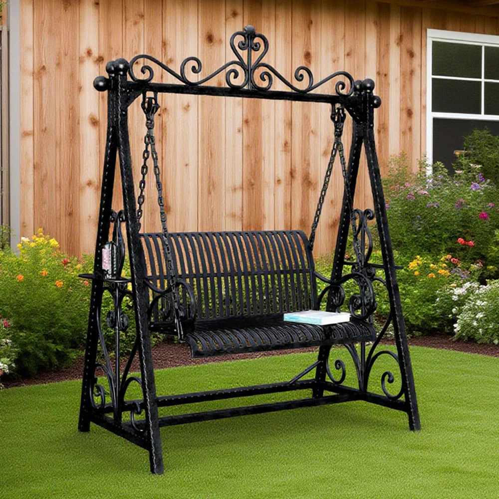 SOLARA FYY01 150cm Wrought Iron Garden Swing Chair – Black/White/Green Curved Backrest Outdoor Use - Image 4