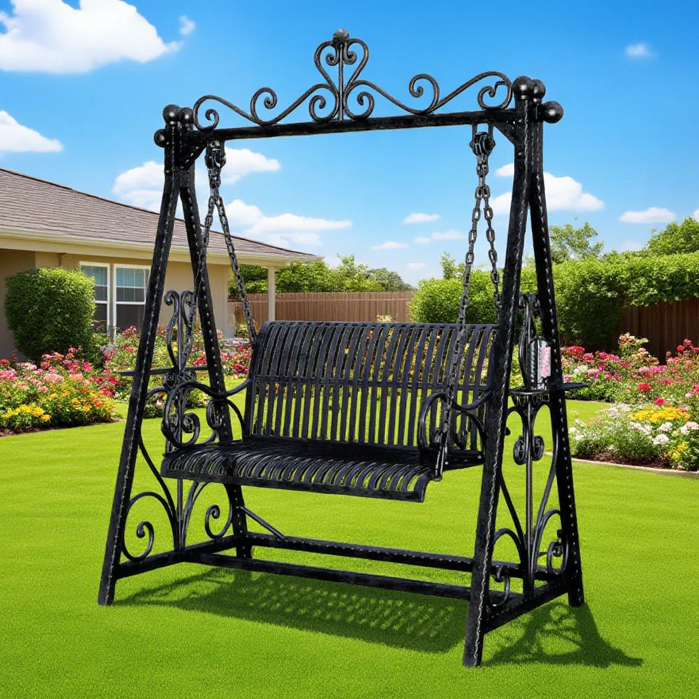 SOLARA FYY01 150cm Wrought Iron Garden Swing Chair – Black/White/Green Curved Backrest Outdoor Use - Image 5