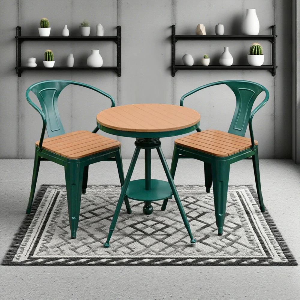 SOLARA 3-Piece Outdoor Table and Chair Set - Green Iron Frame with PS Wood,1 Table + 2 Chairs for Patio Use - Image 4