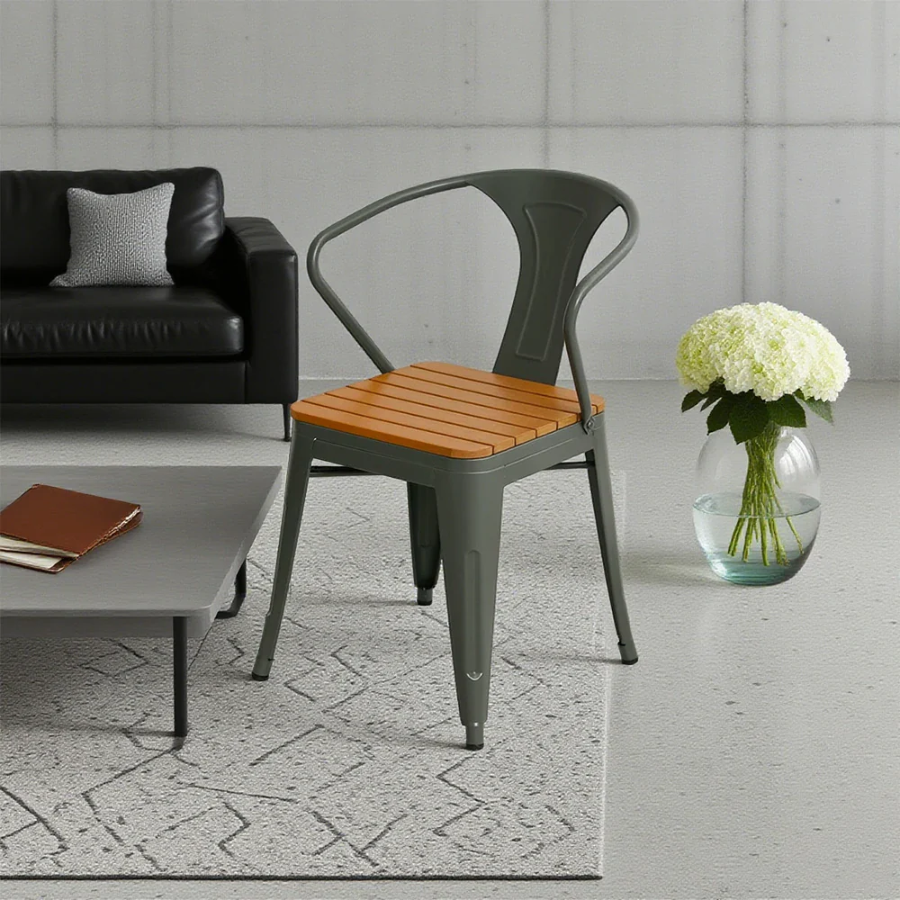 SOLARA Outdoor Patio Chair - Weather-Resistant PS Wood Seat, Gray Iron Frame, Sturdy Welded Build - Image 4