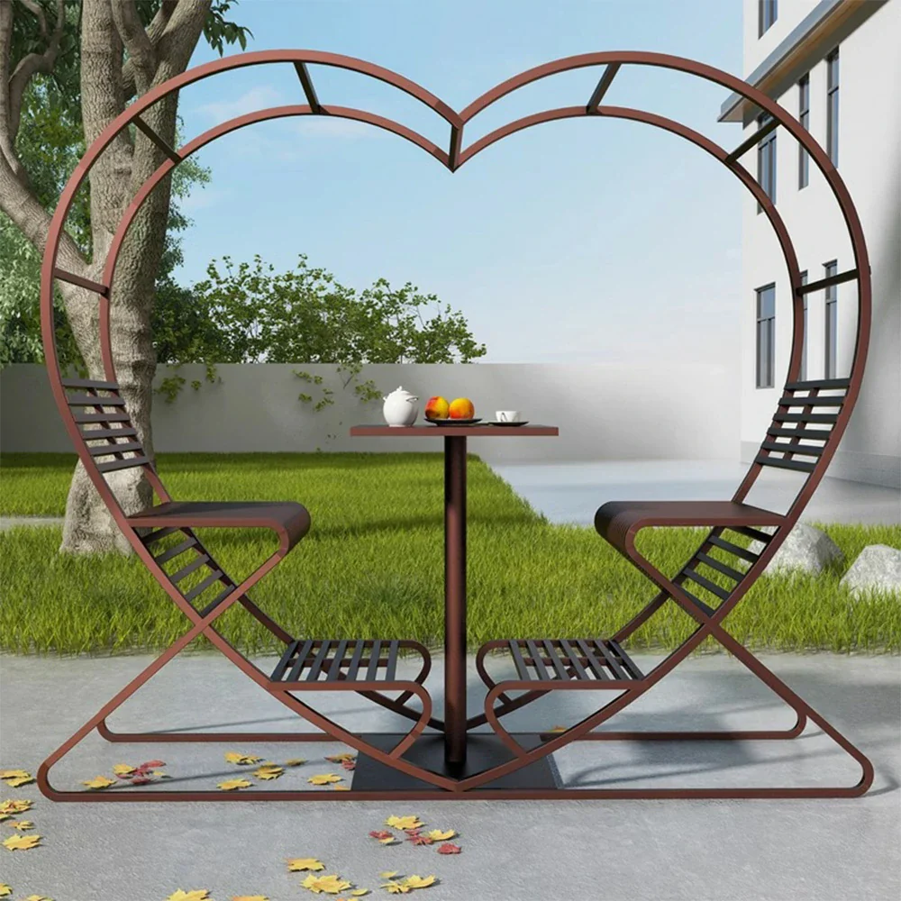 SOLARA Outdoor Heart-Shaped Double Chair, Galvanized Thickened Steel Frame - Brown - Image 2