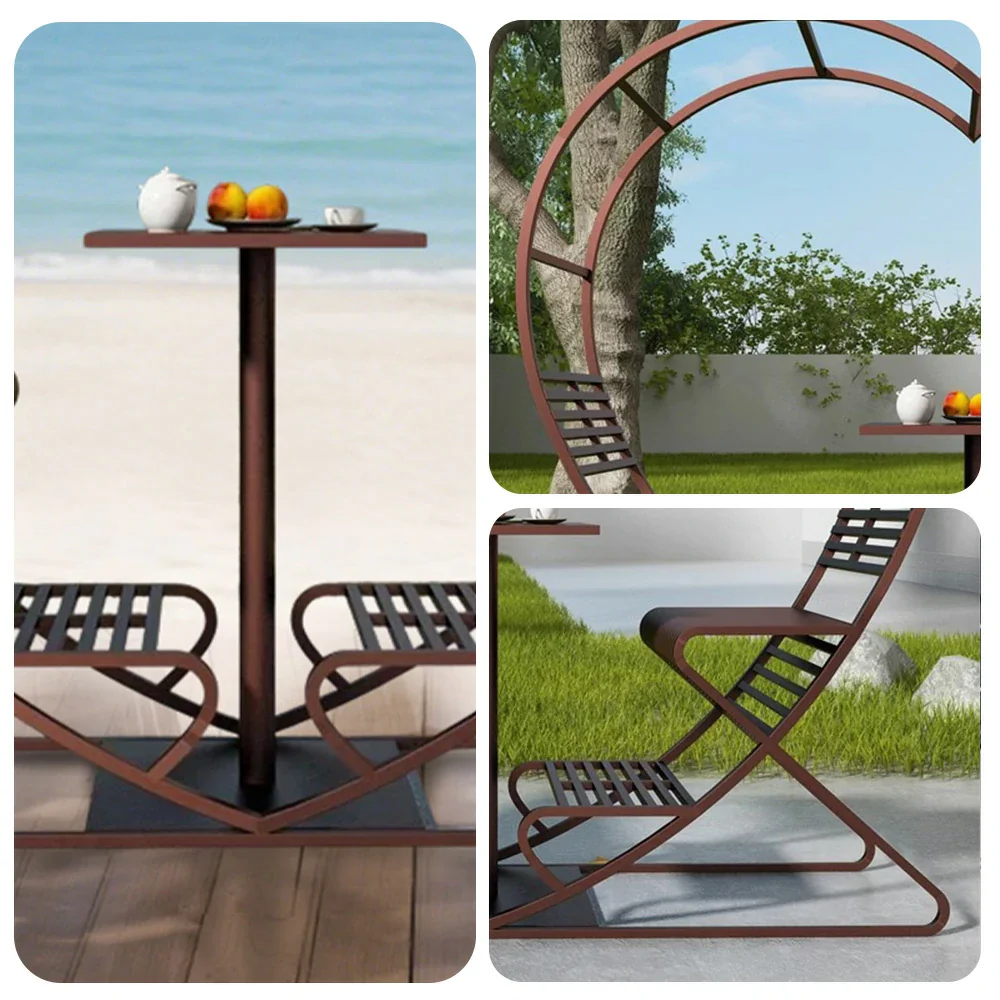 SOLARA Outdoor Heart-Shaped Double Chair, Galvanized Thickened Steel Frame - Brown - Image 3