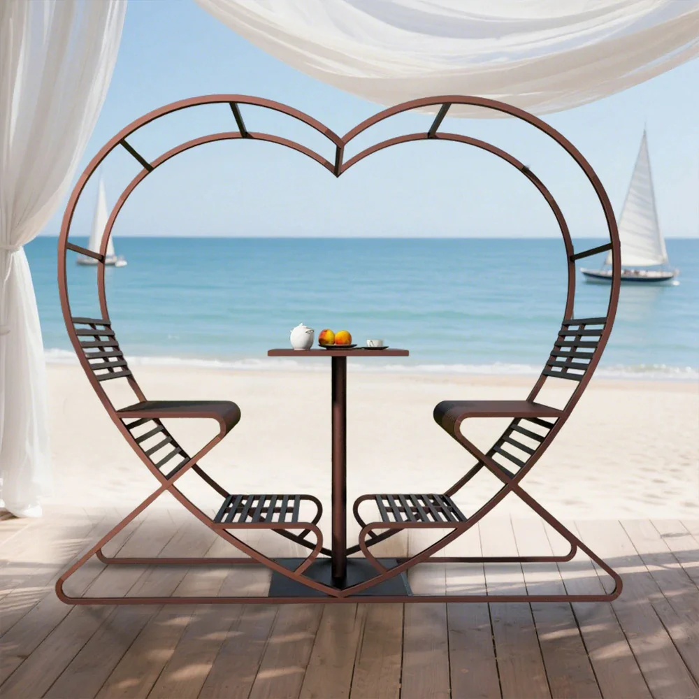 SOLARA Outdoor Heart-Shaped Double Chair, Galvanized Thickened Steel Frame - Brown - Image 4