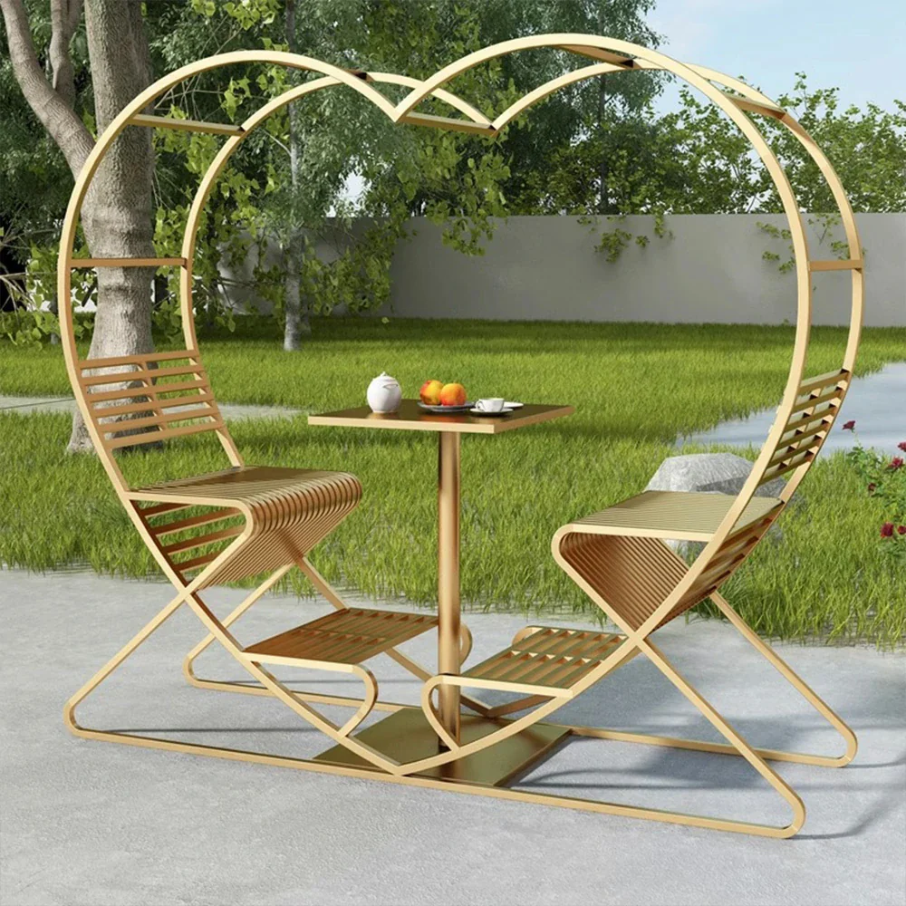 SOLARA Outdoor Heart-Shaped Double Chair, Galvanized Thickened Steel Frame - Gold - Image 2