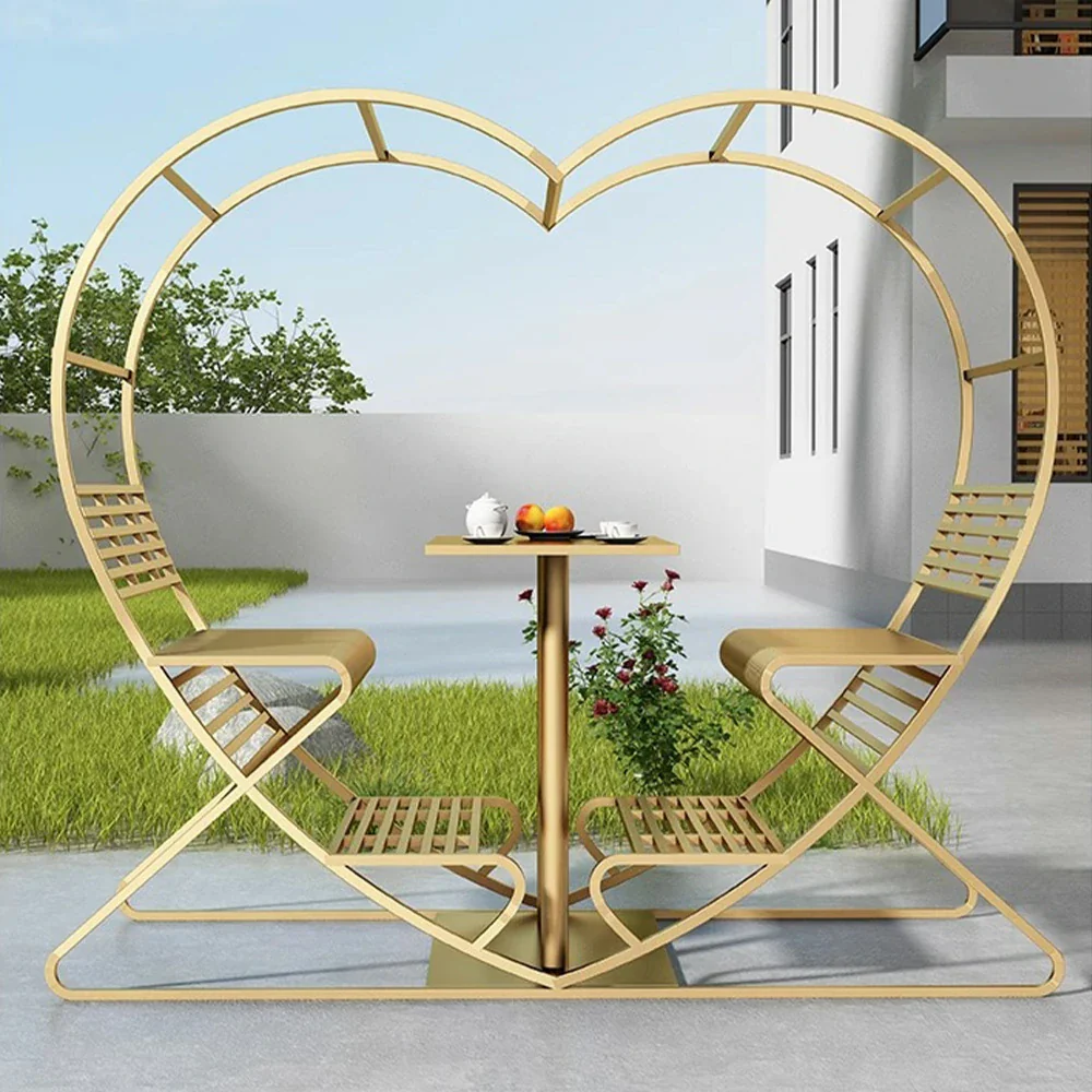 SOLARA Outdoor Heart-Shaped Double Chair, Galvanized Thickened Steel Frame - Gold - Image 4
