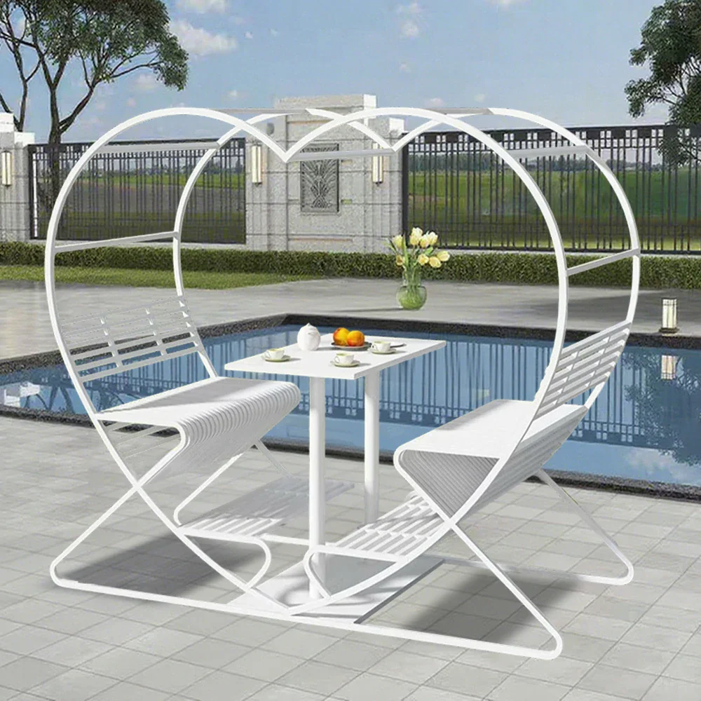 SOLARA Outdoor Heart-Shaped Double Chair, Galvanized Thickened Steel Frame - White - Image 2