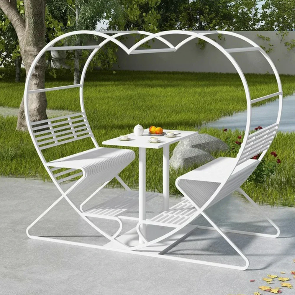 SOLARA Outdoor Heart-Shaped Double Chair, Galvanized Thickened Steel Frame - White - Image 4