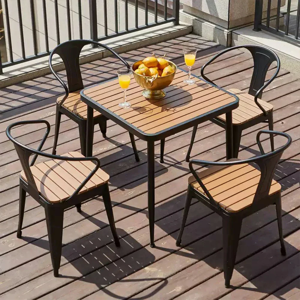 SOLARA 5-Piece Outdoor Dining Set, Black Wrought Iron Frame, 1 Table +4 Chairs – Plastic Wood - Image 2