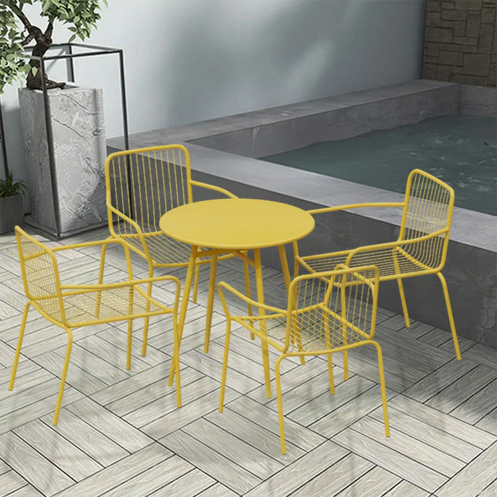 SOLARA 5-Piece Outdoor Round Dining Set - 1 Table & 4 Chairs, Wrought Iron Construction, Weather-Resistant for Patio or Garden - Image 2