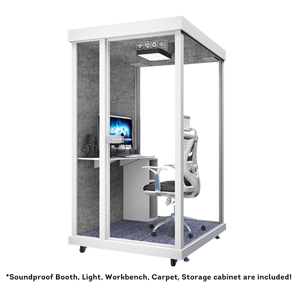 MODERA 1.3x1.2m Indoor Small Soundproof OfficeMovable Soundproof Booth W/ Light, Workbench, Storage Cabinet, Carpet - White - Image 3