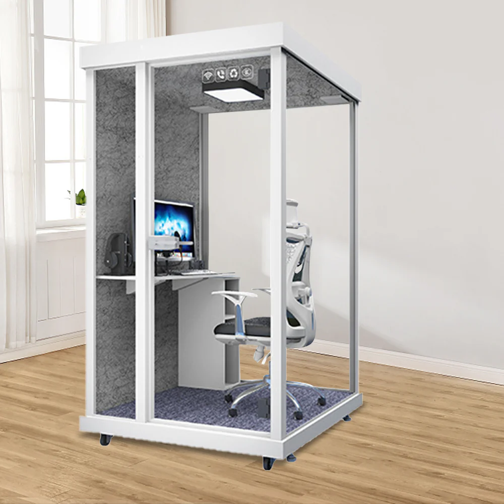 MODERA 1.3x1.2m Indoor Small Soundproof OfficeMovable Soundproof Booth W/ Light, Workbench, Storage Cabinet, Carpet - White - Image 4