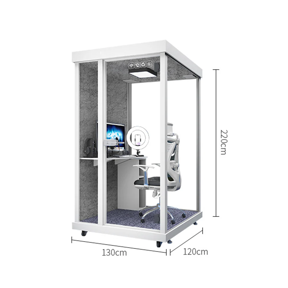 MODERA 1.3x1.2m Indoor Small Soundproof OfficeMovable Soundproof Booth W/ Light, Workbench, Storage Cabinet, Carpet - White - Image 5
