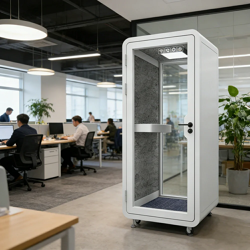 MODERA 1x1m Movable Indoor Soundproof Booth W/ Light, Workbench, Carpet - White - Image 2