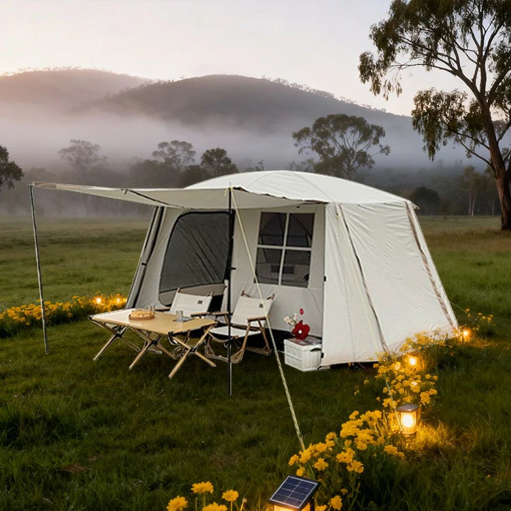 TREKKA Villa-Style Camping Tent with Grid Windows Spacious Design, Sun Protection, Ideal for Family Camping - Cream White - Image 2