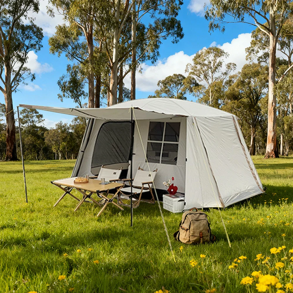 TREKKA Villa-Style Camping Tent with Grid Windows Spacious Design, Sun Protection, Ideal for Family Camping - Cream White - Image 4