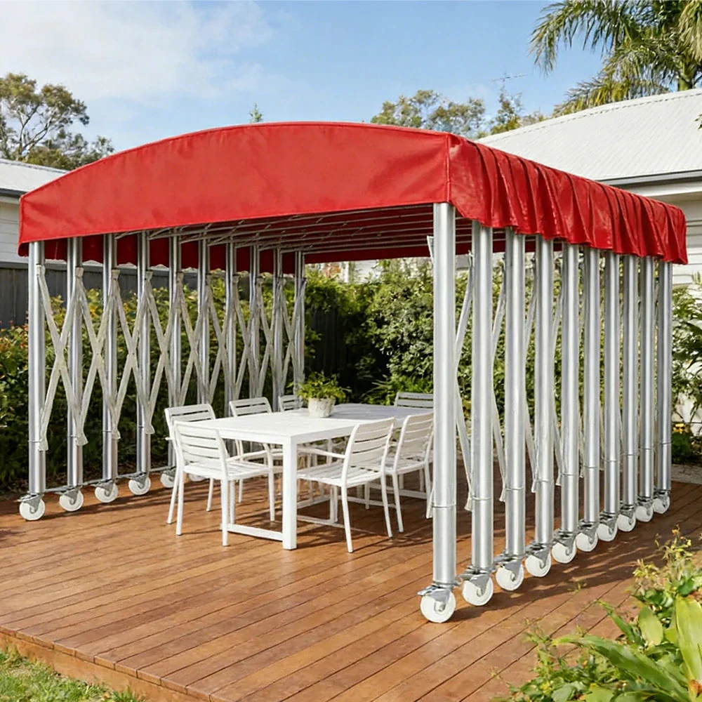 TREKKA Outdoor Retractable Canopy Tent - 5/7/8m Heavy-Duty Telescopic Frame with Lockable Wheels, Waterproof & UV-Resistant Fabric, Space-Saving Design - Red - Image 2
