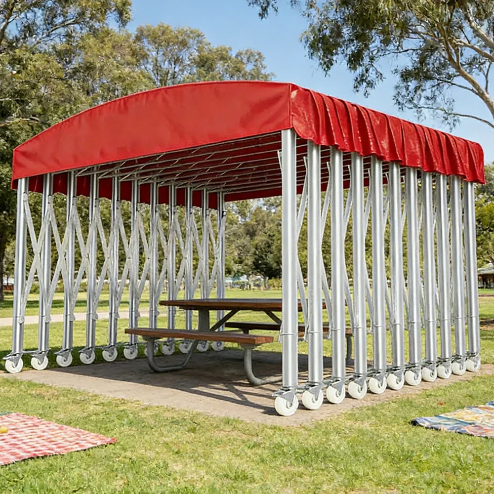 TREKKA Outdoor Retractable Canopy Tent - 5/7/8m Heavy-Duty Telescopic Frame with Lockable Wheels, Waterproof & UV-Resistant Fabric, Space-Saving Design - Red - Image 4