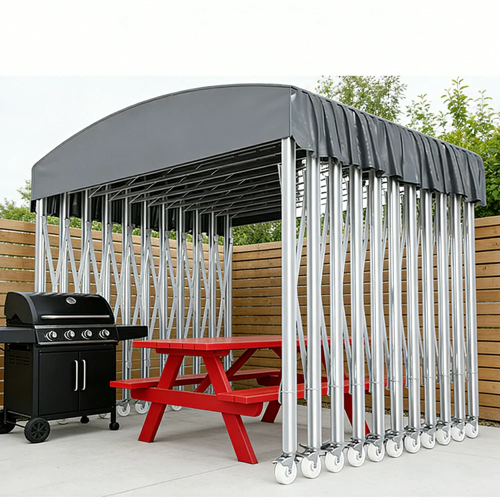 TREKKA Outdoor Retractable Canopy Tent - 5/7/8m Heavy-Duty Telescopic Frame with Lockable Wheels, Waterproof & UV-Resistant Fabric, Space-Saving Design - Grey - Image 4