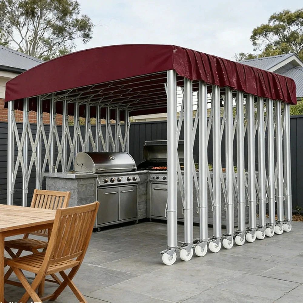 TREKKA Outdoor Retractable Canopy Tent - 5/7/8m Heavy-Duty Telescopic Frame with Lockable Wheels, Waterproof & UV-Resistant Fabric, Space-Saving Design - Wine Red - Image 2