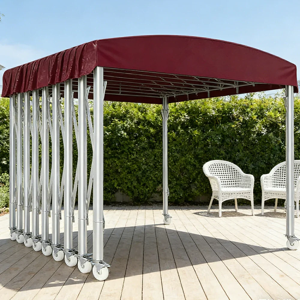 TREKKA Outdoor Retractable Canopy Tent - 5/7/8m Heavy-Duty Telescopic Frame with Lockable Wheels, Waterproof & UV-Resistant Fabric, Space-Saving Design - Wine Red - Image 4